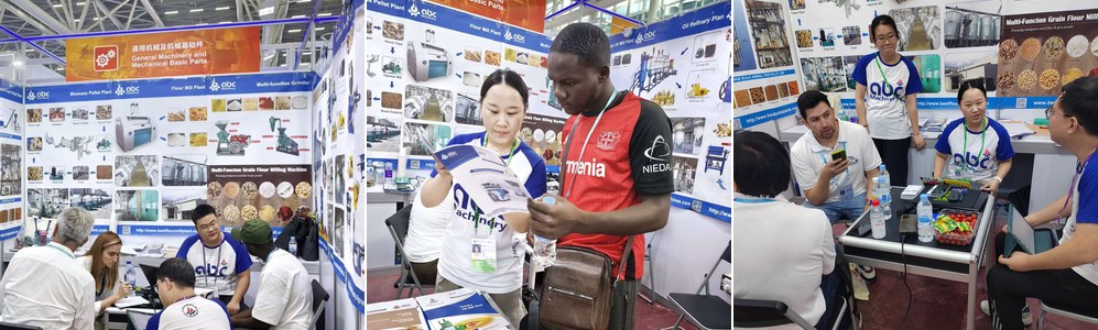 Left: a buyer at the poultry and organic fertilizer panels. Centre: the small oil mill and refinery panels. Right: the grain flour milling panel at the consulting desk