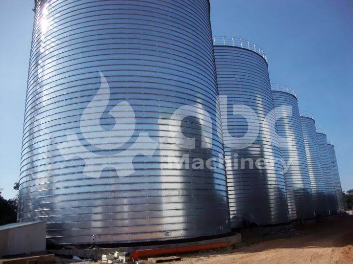 corn soybean storage silo in animal feed production plant