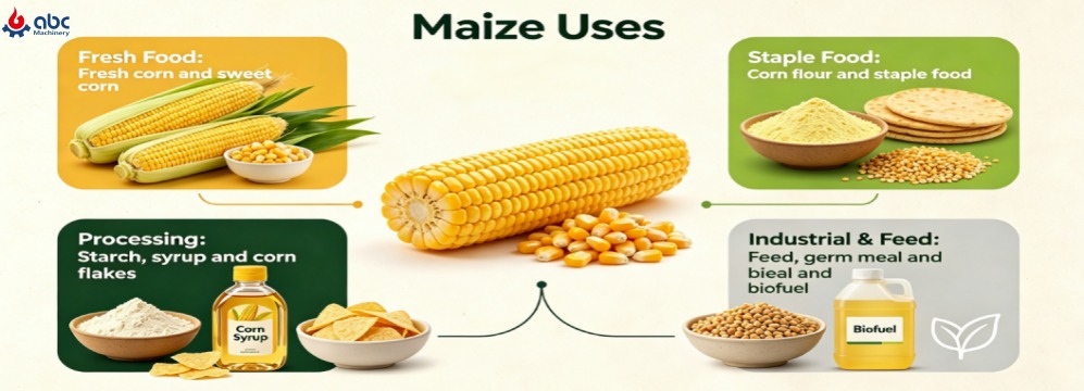Maize uses infographic, fresh food, staple corn flour, starch processing, animal feed and biofuel introduction